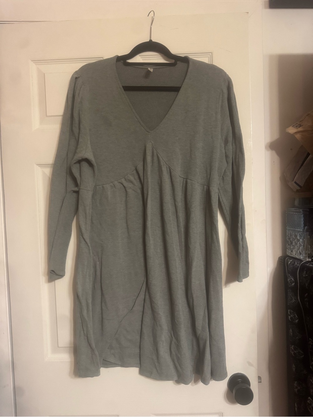 Casual V-Neck Long Sleeve Tunic Dress in Sage Green 2X